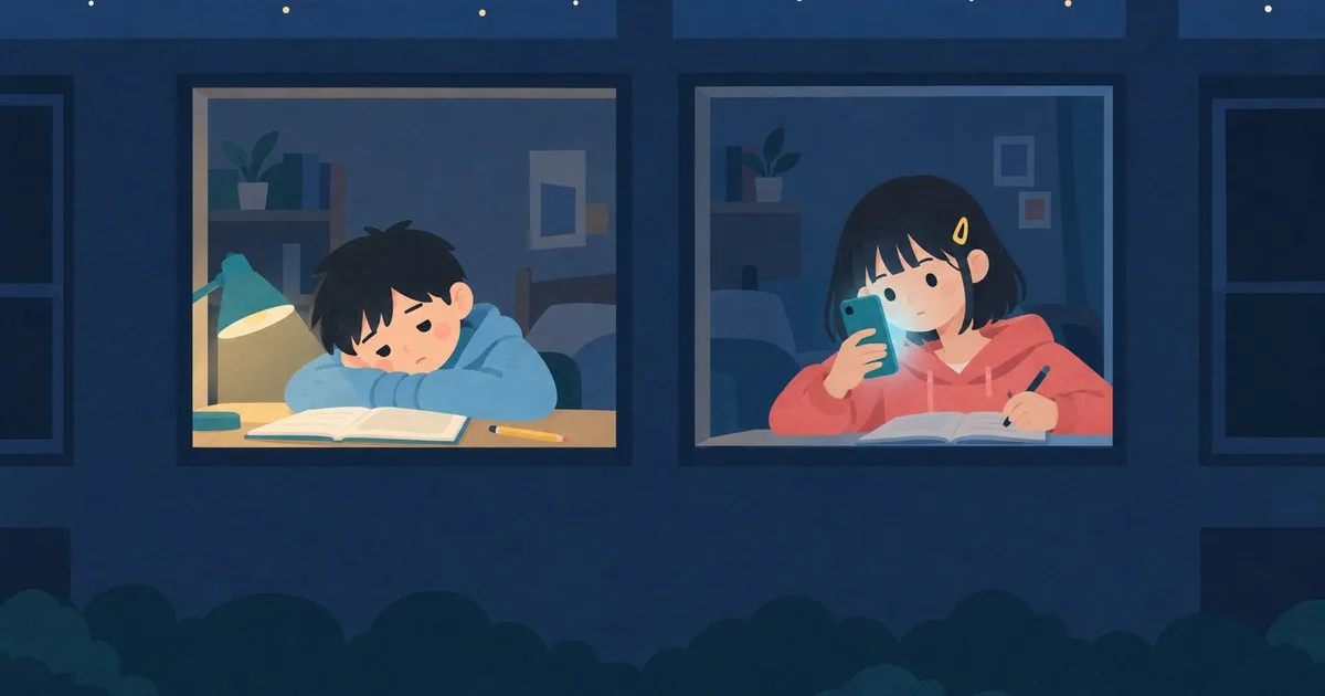 夜裡兩扇窗:一個孩子趴在作業前,一個孩子對著手機抄答案