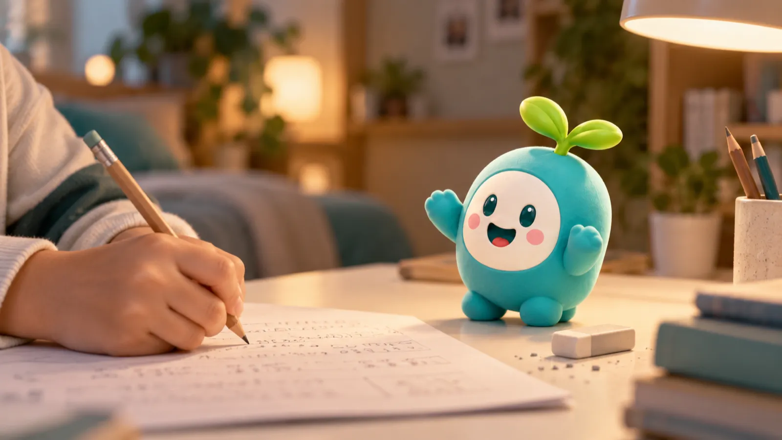 孩子自己握筆寫題,芽芽在旁邊加油
