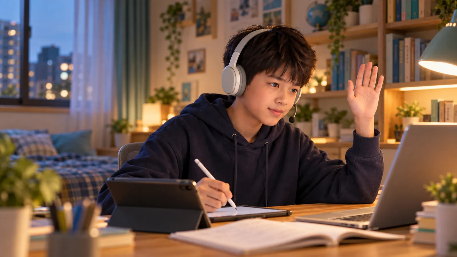 小安戴著耳麥上線上課，舉手回答老師的問題