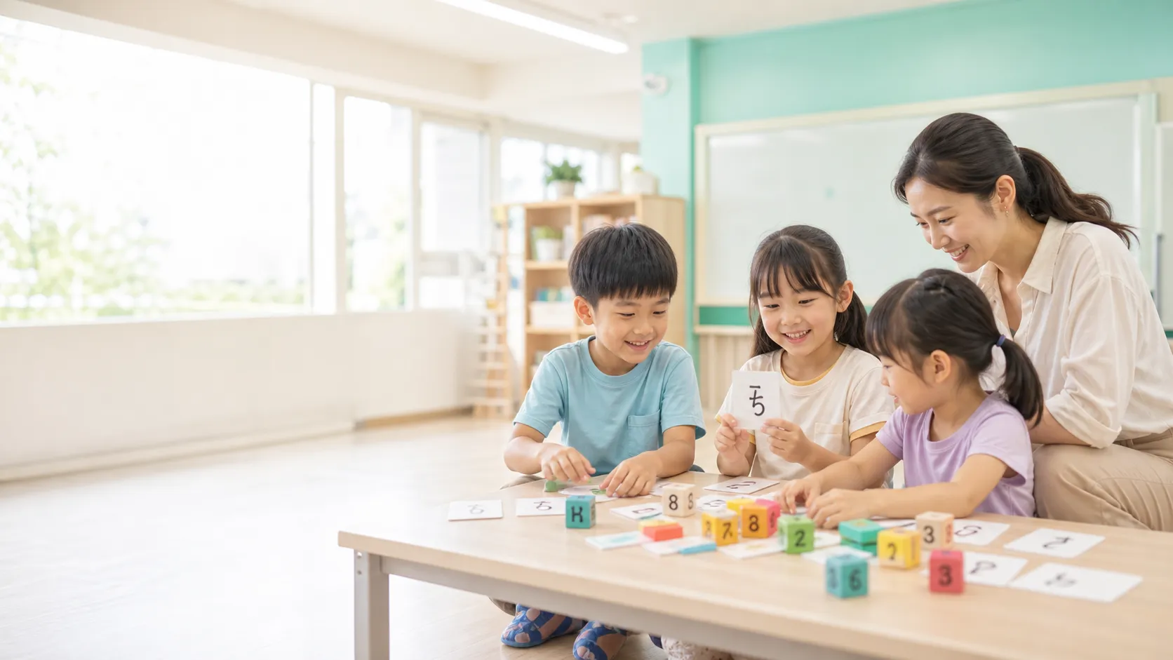明亮教室中老師陪幼小銜接小朋友用注音卡片與數字積木學習