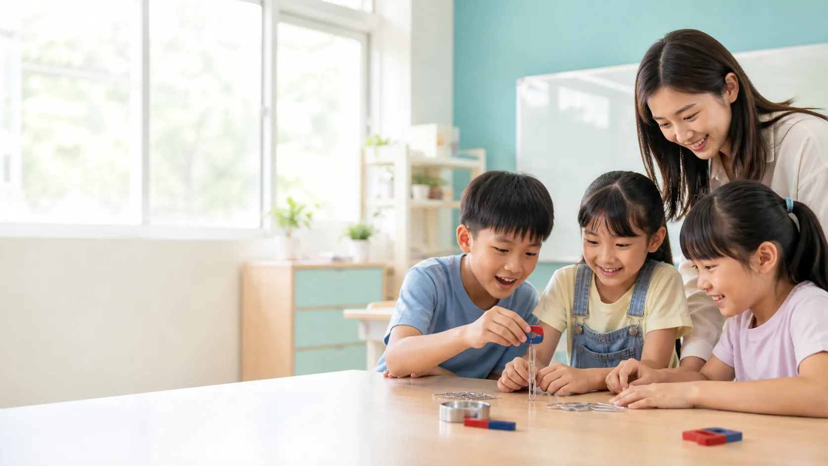 國小學生在明亮教室用磁鐵進行自然小實驗
