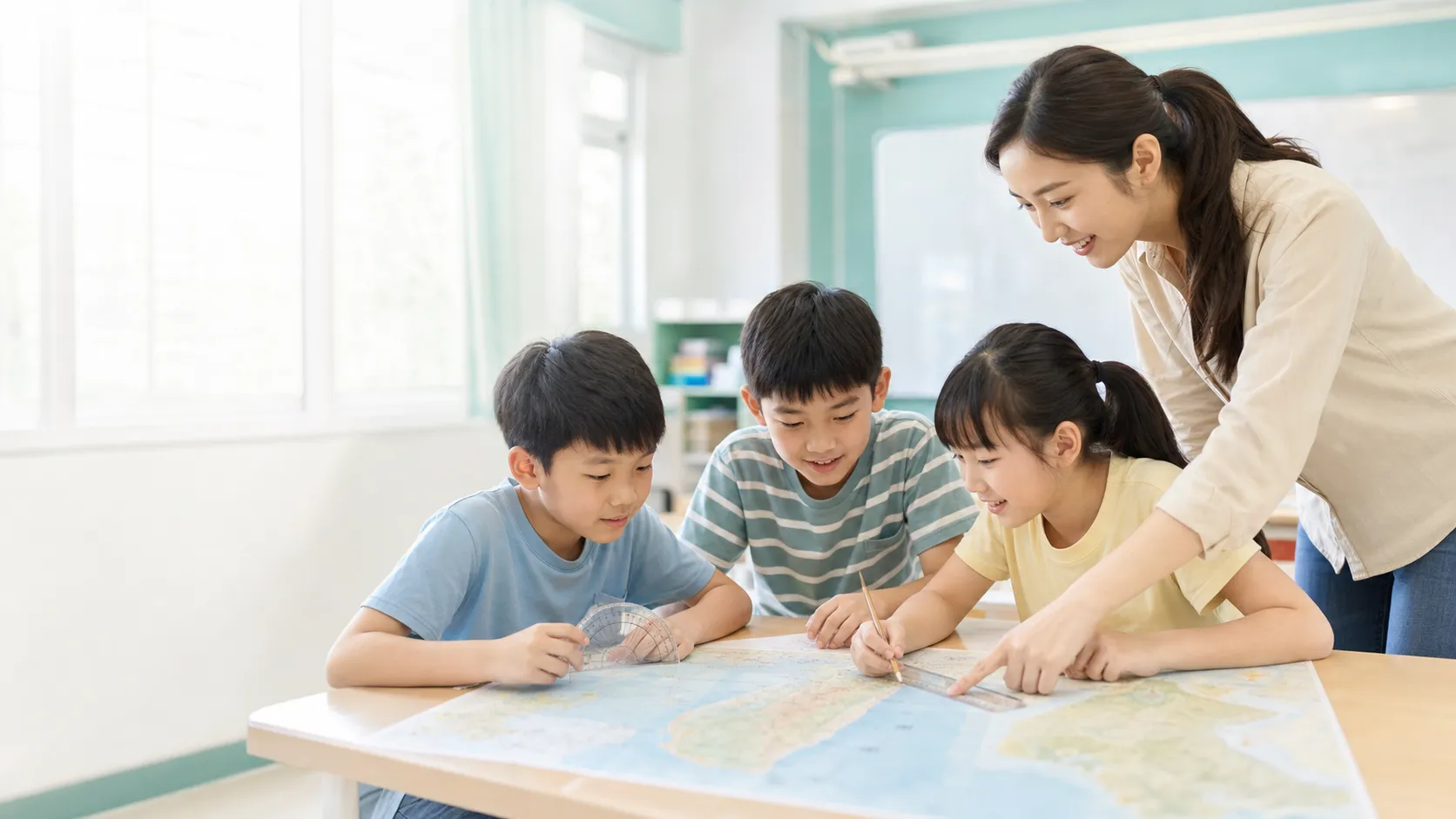 國小學生在教室攤開臺灣地圖學習地圖判讀
