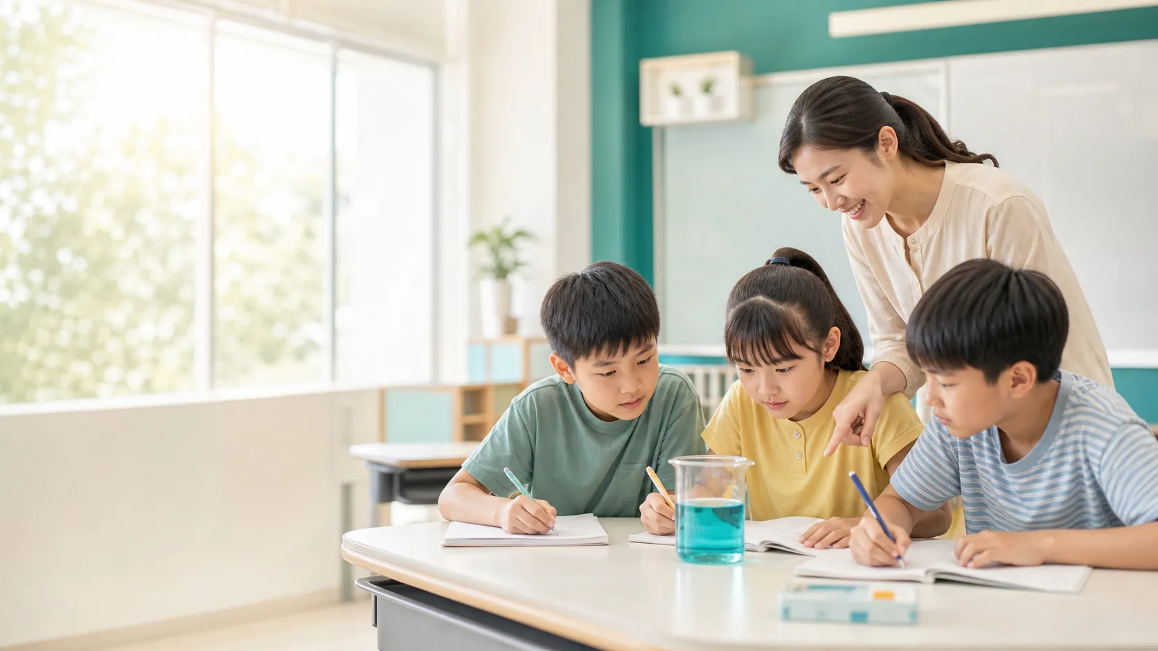 國小學生在教室觀察水溶液實驗並做筆記
