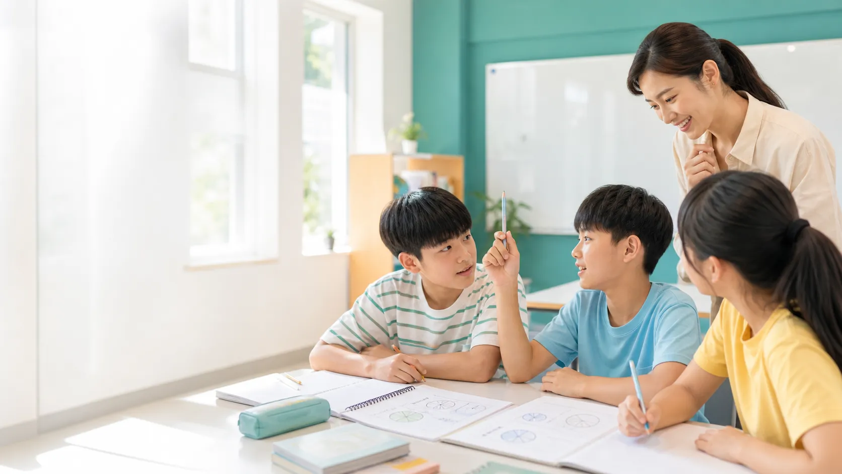 高年級學生在教室與老師討論數學題