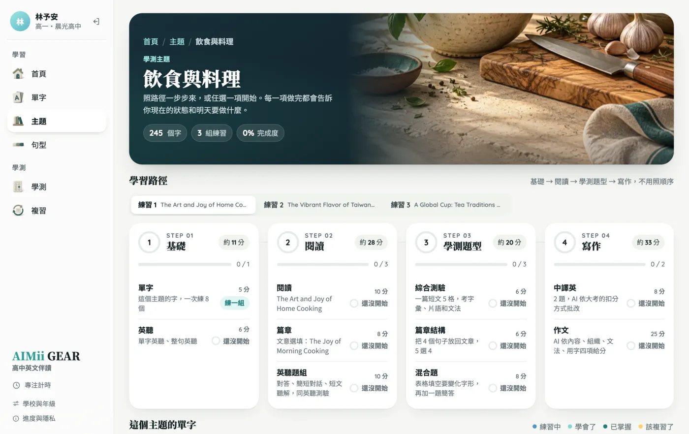 主題頁：飲食與料理的學習路徑，基礎、閱讀、學測題型、寫作四步