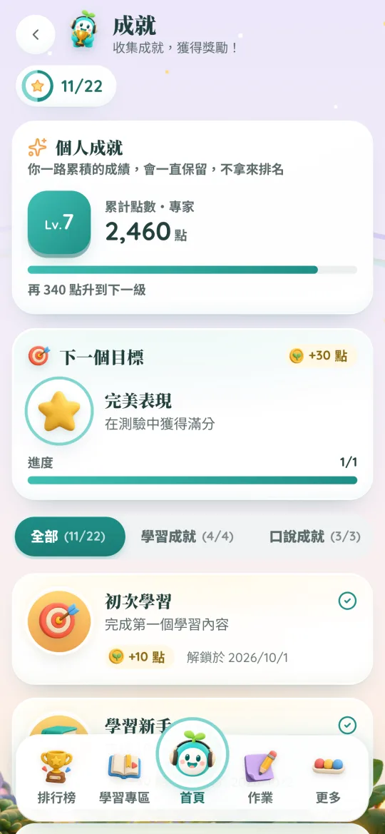 新版成就頁：等級、累計點數與已解鎖的成就