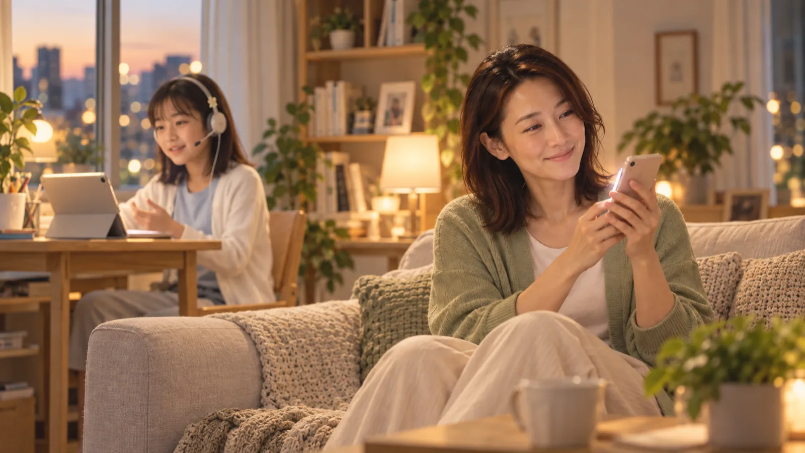 媽媽在沙發上看手機，小語在一旁練英文