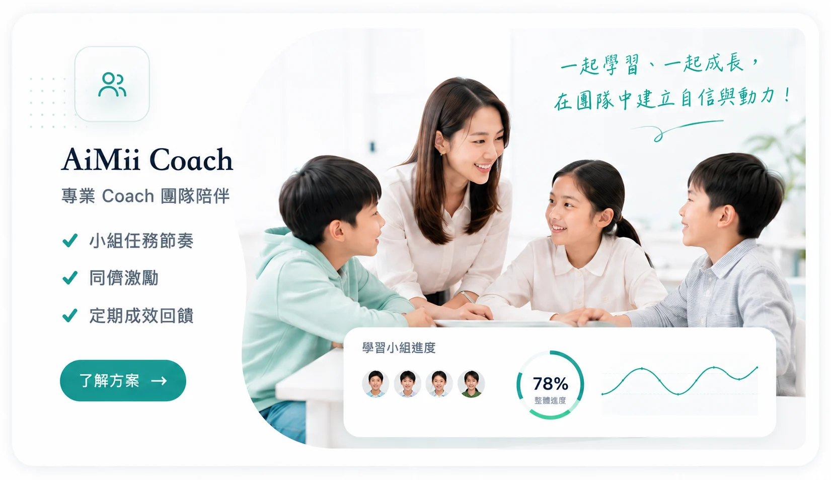 AIMii Coach 專業 Coach 團隊陪伴，小組任務節奏、同儕激勵、定期成效回饋。