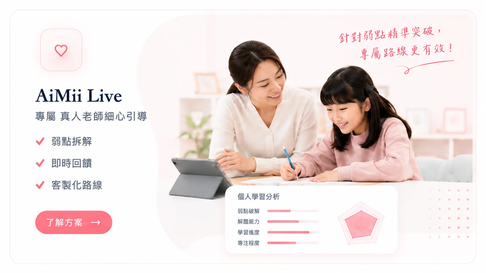 AIMii Live 專屬 Coach 細引導，弱點拆解、即時回饋、客製化路線。