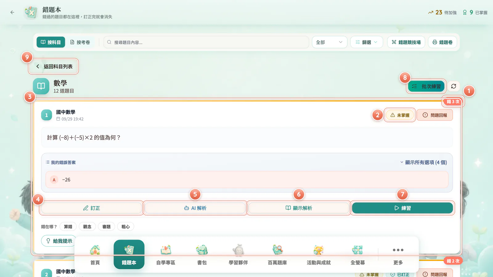F11-6 錯題卡解剖:一張錯題卡:看錯幾次、目前狀態、你的錯誤答案,最下面四顆按鈕。