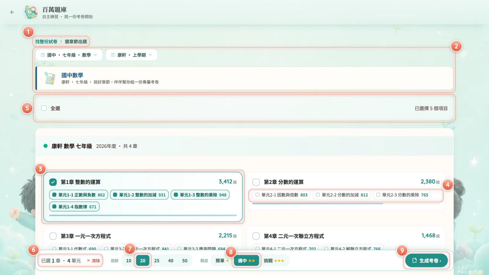F13-3 選章節出題:選章節出題:勾範圍、選題數和難度,按「生成考卷 ›」。