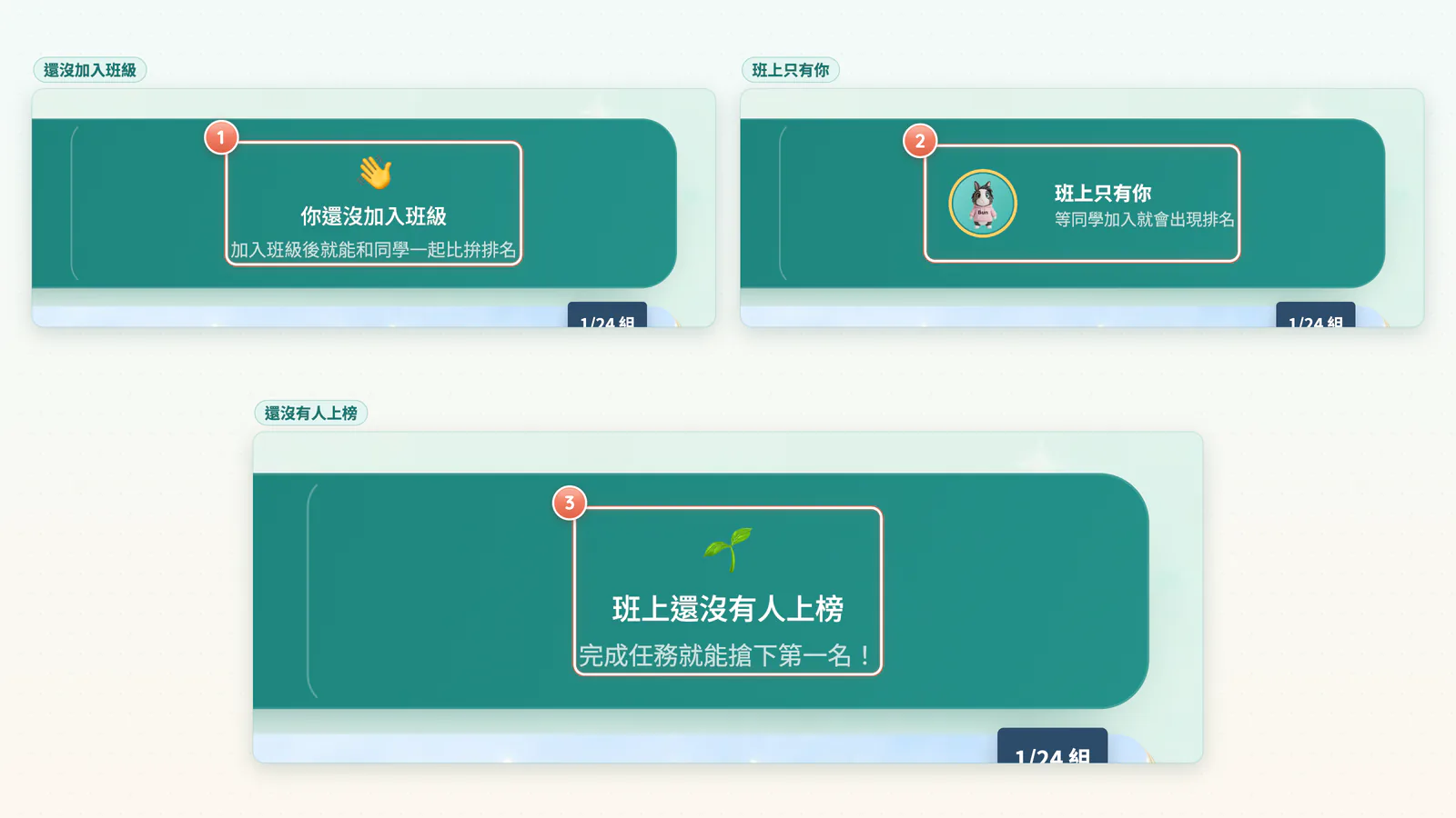 F2-3 還沒有排名時:還沒有排名時,班級排行榜卡會顯示這三種畫面之一。