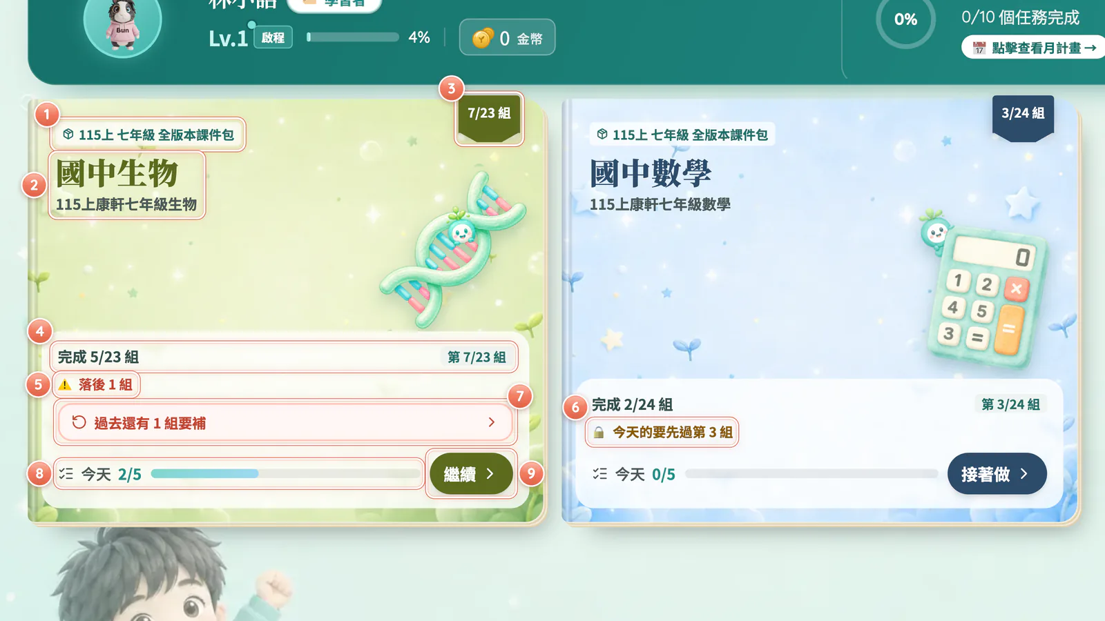 F3-2 課件卡:課件卡解剖。一本課件一張卡;國中數學那張是精熟模式的樣子。
