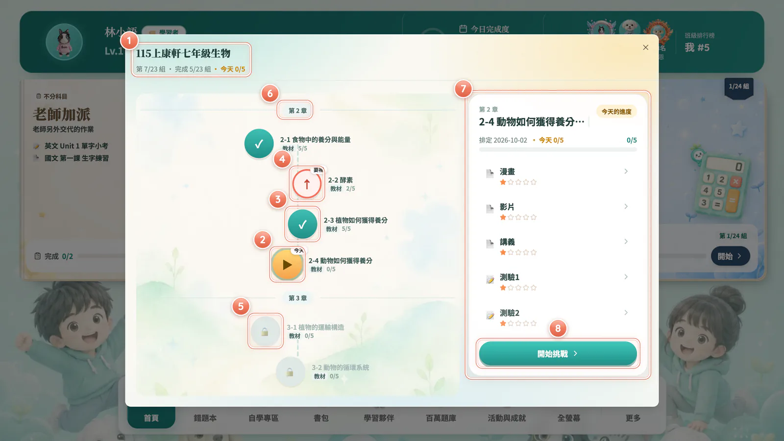 F3-3 學習路徑:學習路徑:金色是今天,珊瑚色要補,灰色鎖住還沒到日期。