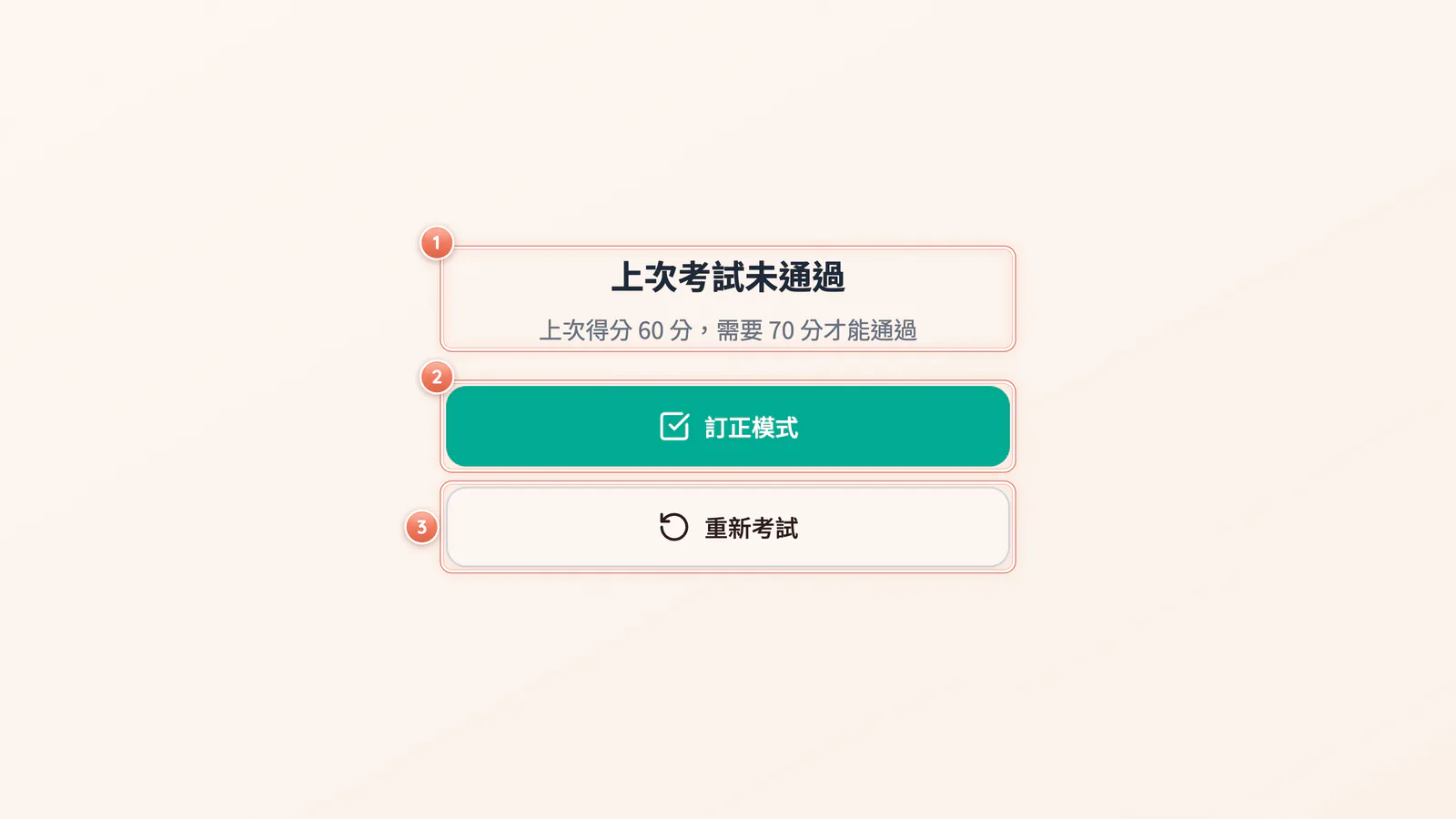 F4-9 上次考試未通過:再次打開沒過的測驗,會先問你要訂正還是重考。