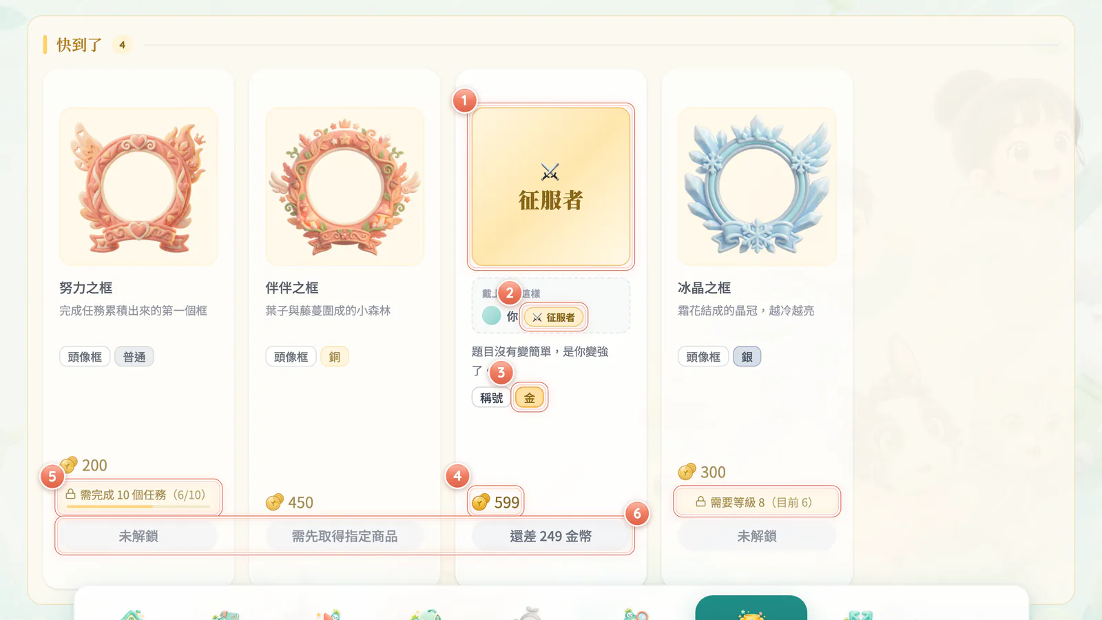 F8-2 商品卡解剖:商品卡會告訴你還差什麼:等級、任務數、前置商品或金幣。價格為示意。