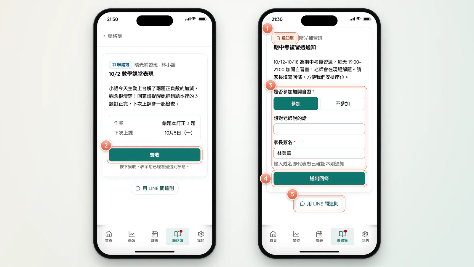 FX1-5 聯絡簿簽收與回條:聯絡簿:簽收、送回條,有問題用 LINE 問。