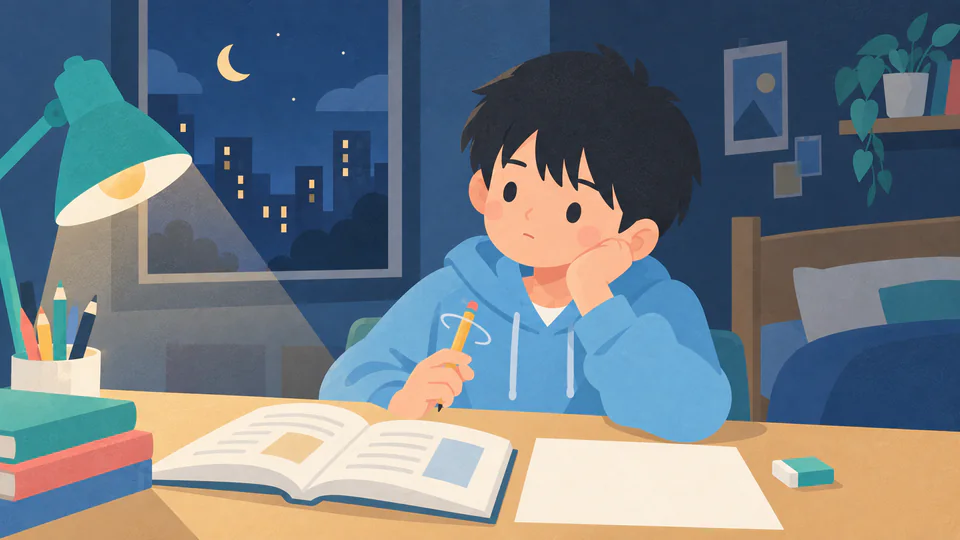晚上的書桌前,男孩托著臉轉筆,課本攤開,作業紙一片空白。