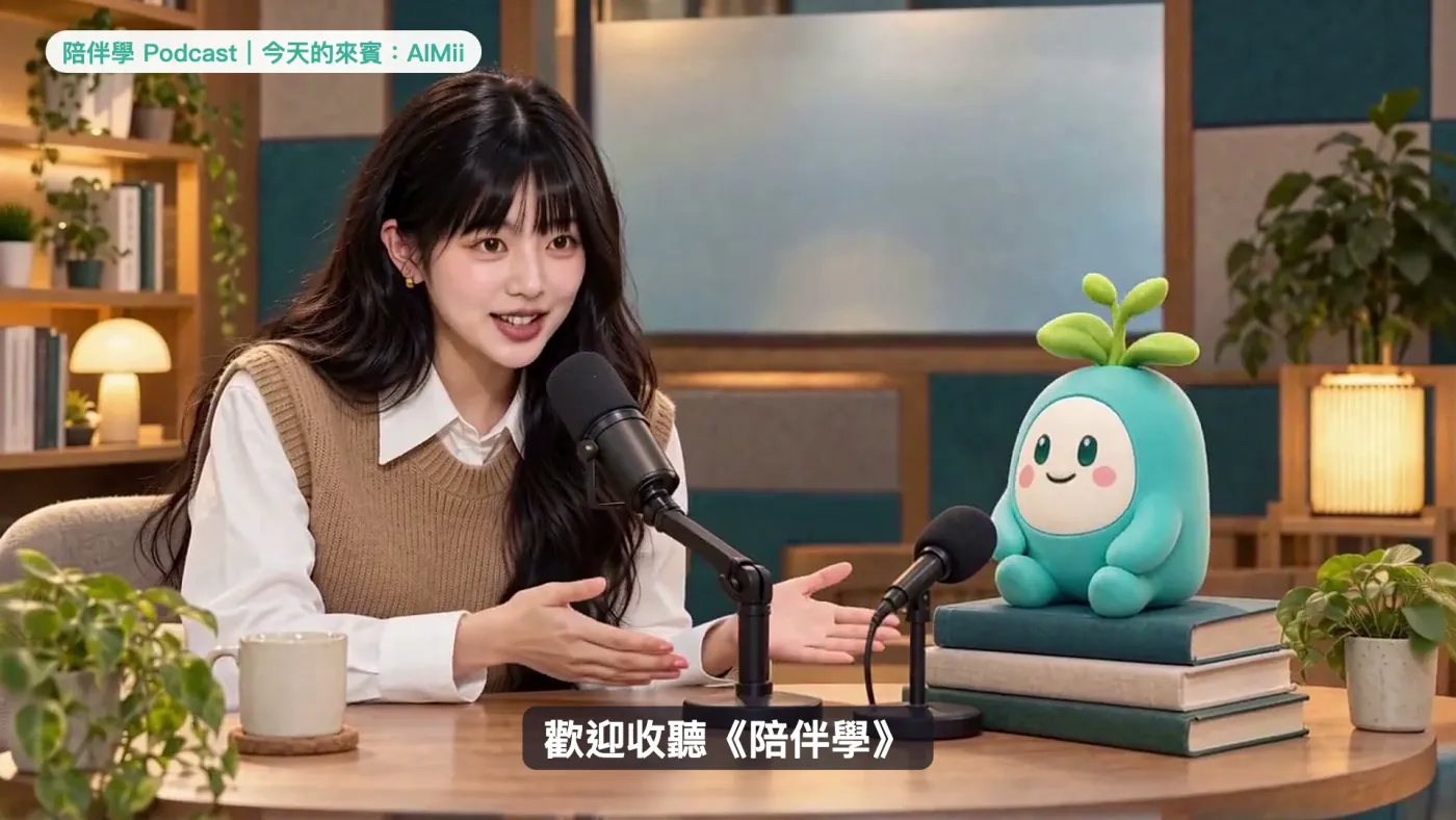 宣傳片封面：Podcast 錄音室裡，曉晴老師和吉祥物芽芽面對麥克風