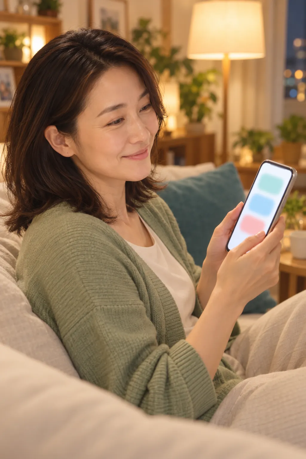 情境示意:晚餐後,媽媽靠在沙發上看手機,笑了出來