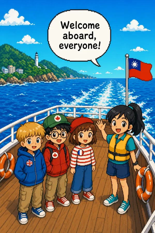 AIMii 產出的實際漫畫：賞鯨船甲板上的四個孩子，對話框寫著 Welcome aboard, everyone!