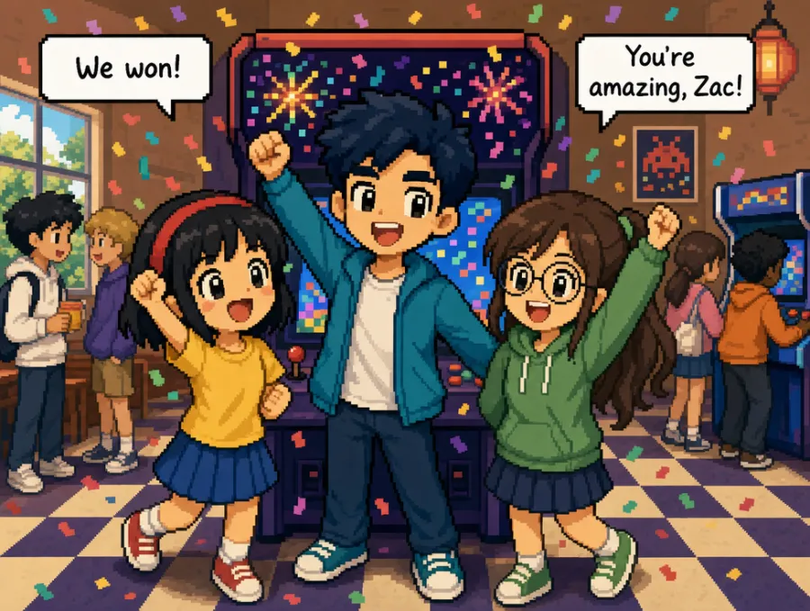 AIMii 產出的實際漫畫:國一英語,隊友們喊出 We won!
