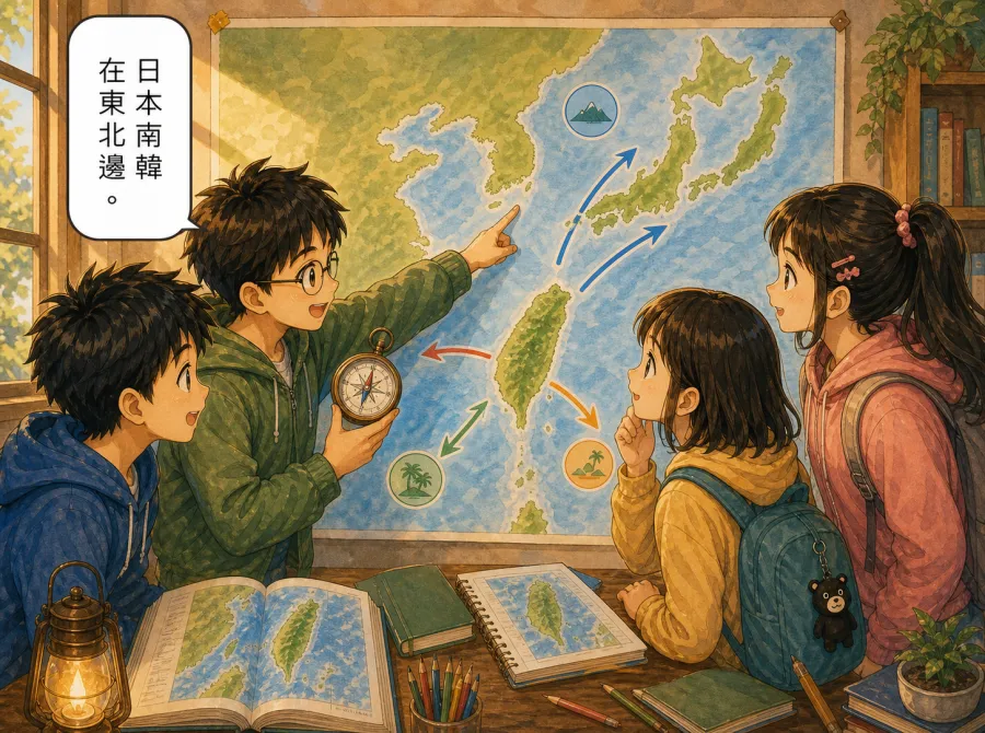 AIMii 產出的實際漫畫:國一地理,日本和南韓在臺灣的東北邊