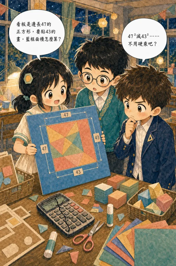 AIMii 產出的實際漫畫:國二數學,47 的平方減 43 的平方,不用硬乘