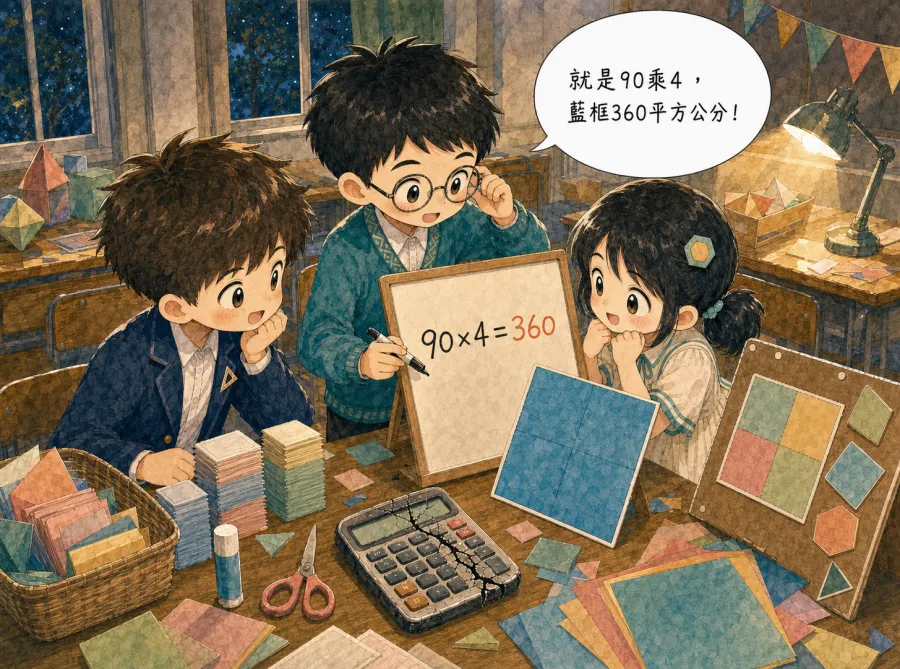 AIMii 產出的漫畫:翰林版國二數學,90 乘 4 算出藍框 360 平方公分